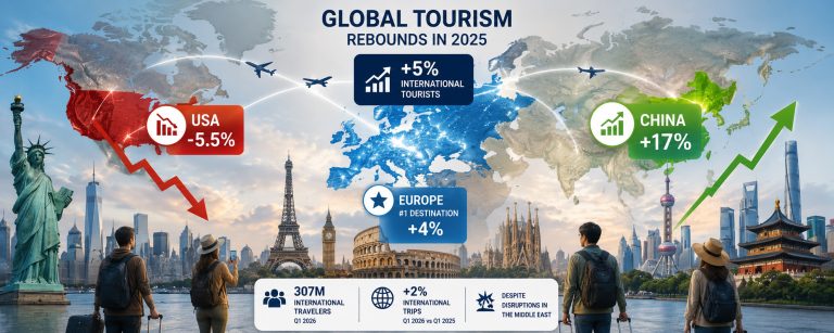 International tourist arrivals increased by 5% worldwide in 2025, rising by 17% in China but declining by 5.5% in the United States